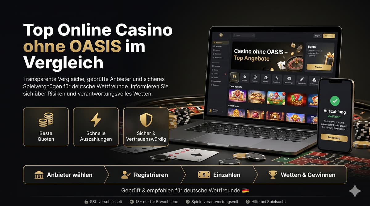 Ein Premium SEO Hero Banner im Casino-Stil zum Thema Casino ohne OASIS mit Laptop, Smartphone, Chips und deutscher Beschilderung.